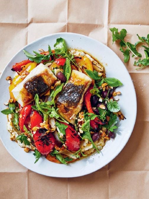 Pan-fried fish with grilled capsicum and olive salad