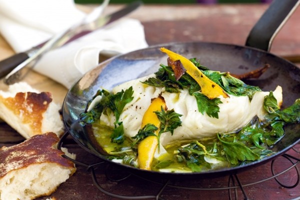 Pan-fried fish with herb sauce