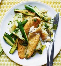 Pan-fried fish with herby potatoes and courgettes