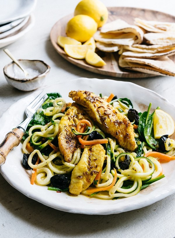 Pan-fried fish with spinach and zucchini noodles