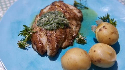 Pan-fried fish with watercress butter