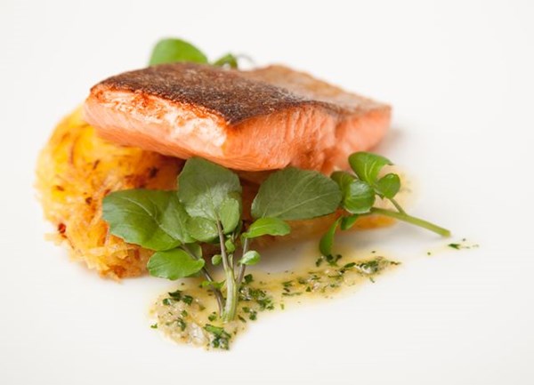 Pan-fried fjord trout with celeriac and pancetta galette