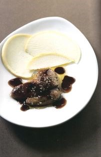 Pan-fried foie gras with balsamic caramel and raw Gold Ball turnips