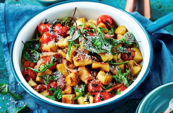 Pan-fried gnocchi, tomato and bacon vinaigrette