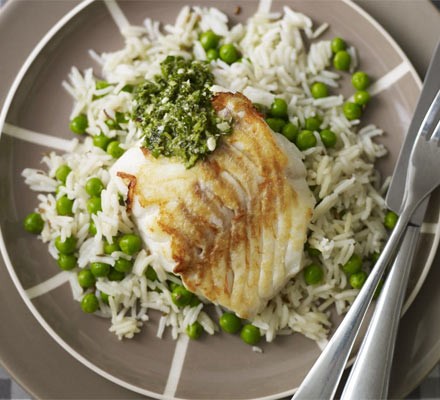 Pan-fried hake and herb sauce