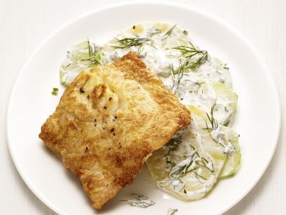 Pan-fried hake with dill potato salad