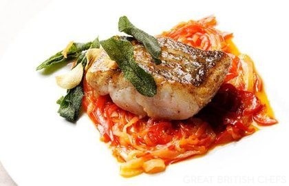 Pan-fried hake with red pepper relish