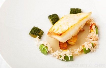 Pan-fried halibut, compressed cucumber, crab and lemon grass consommé