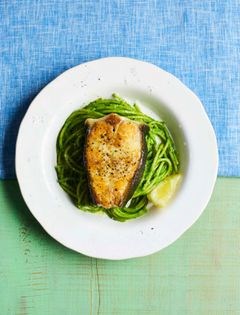 Pan-fried halibut with green spaghetti