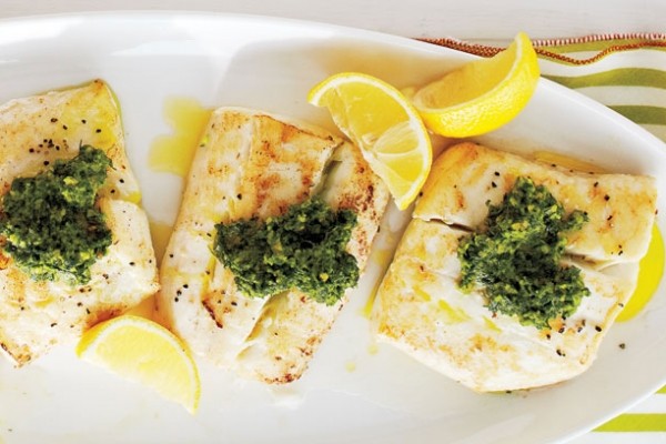 Pan-fried halibut with lemon-dill pesto