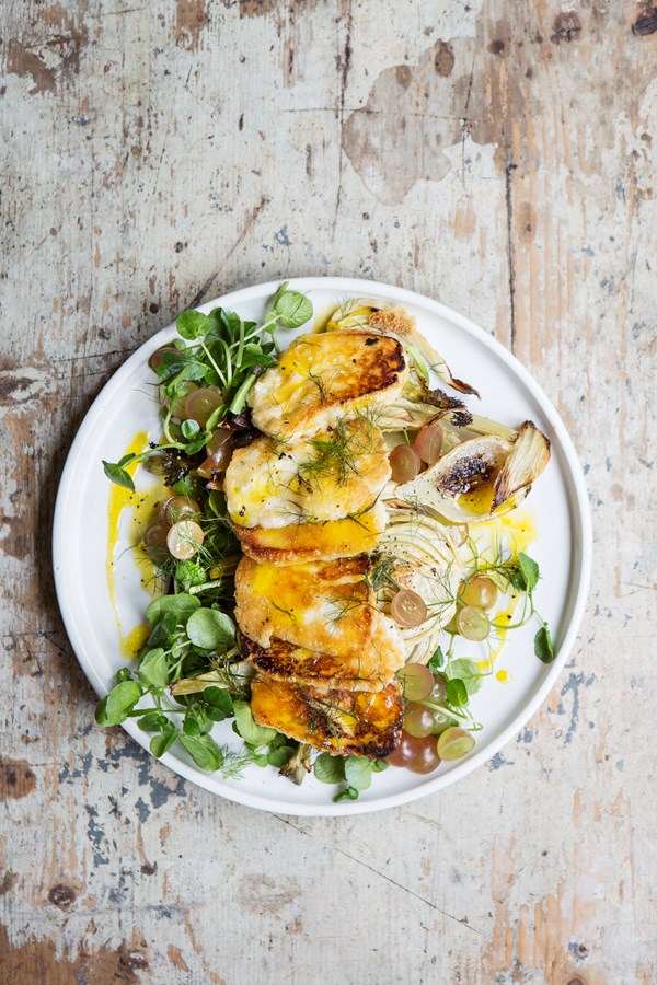 Pan-fried halloumi & roasted fennel salad with orange dressing
