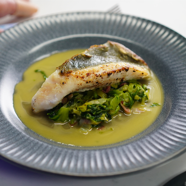 Pan-fried John Dory with beer, bacon & lettuce