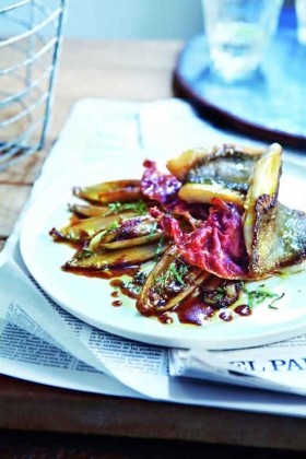 Pan-fried John Dory with caramelised chicory, crisp-fried ham and mint