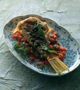 Pan-fried leatherjacket with tapenade, tomato & basil