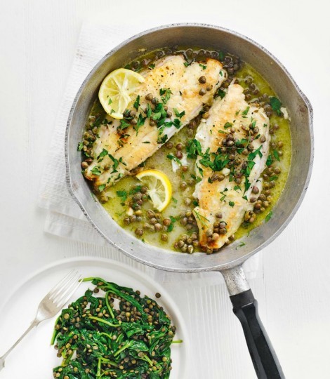 Pan-fried lemon sole with caper sauce and lentils
