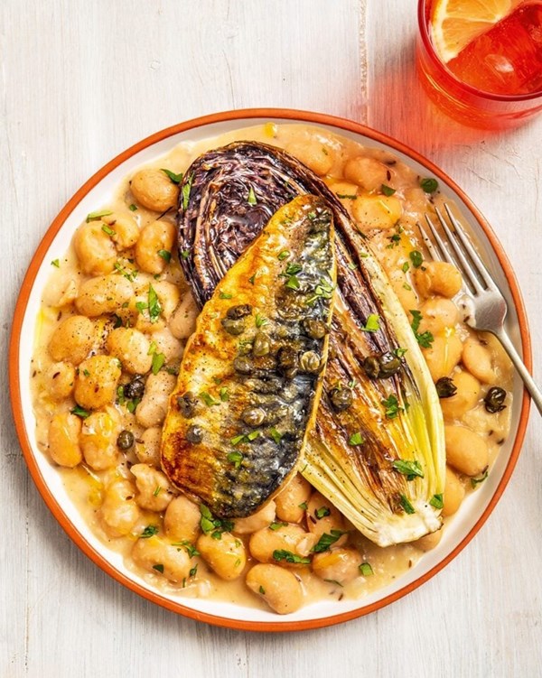 Pan-fried mackerel and caramelised radicchio with crushed butter beans 