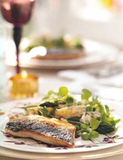 Pan-fried mackerel with pea shoots and summer potato salad