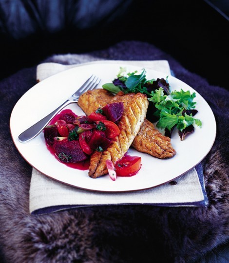 Pan-fried mackerel with warm beetroot, tomato and lime salsa