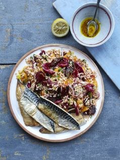 Pan-fried mackerel with wheat berry salad
