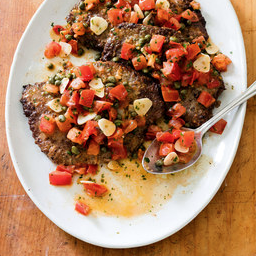 Pan-fried minute steaks with caper-tomato sauce