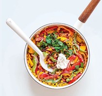 Pan-fried peppers and sweetcorn with goat's cheese