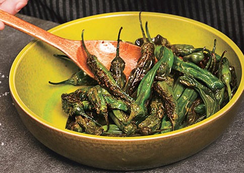 Pan-fried peppers with lemon, garlic, and sea salt