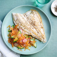 Pan-fried plaice with carrot, cucumber and radish salad