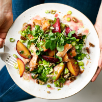 Pan-fried plum, salmon and watercress salad