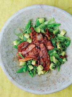 Pan-fried pork belly & ginger with green leaves & avocado salad in a wasabi vinaigrette (A Nikkei buta no shoga yaki salad)