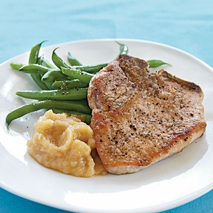 Pan-fried pork chops and homemade applesauce