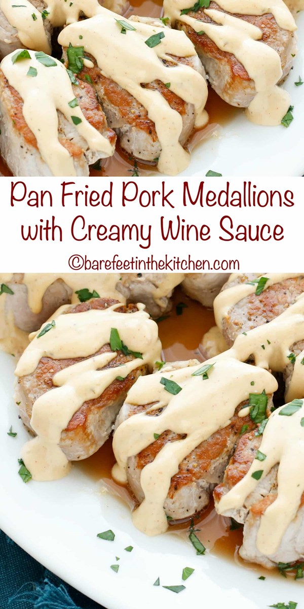 Pan-fried pork medallions with creamy wine sauce