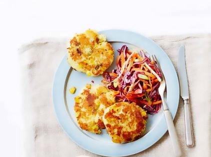 Pan-fried potato and sweetcorn cakes with honey mustard slaw