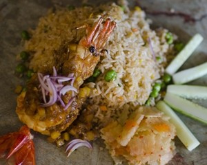 Pan-fried prawns with prahok rice