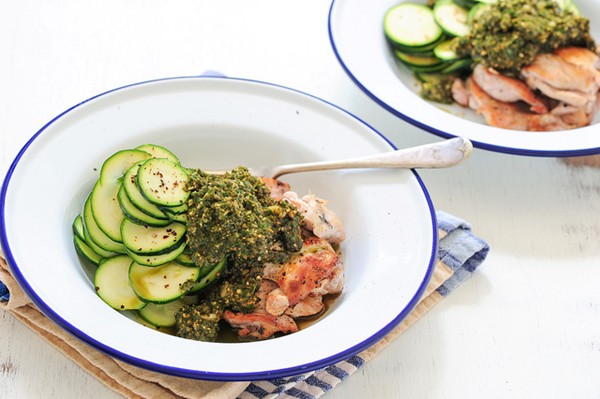 Pan fried protein with instant sauce and raw veg salad template recipe