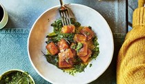 Pan-fried pumpkin gnocchi with brown herb butter and kale and almond pesto