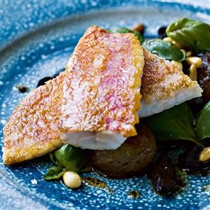 Pan-fried red mullet with a basil, olive and shallot salad