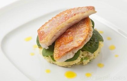 Pan-fried red mullet with baby spinach salad and crushed Caesar new potatoes