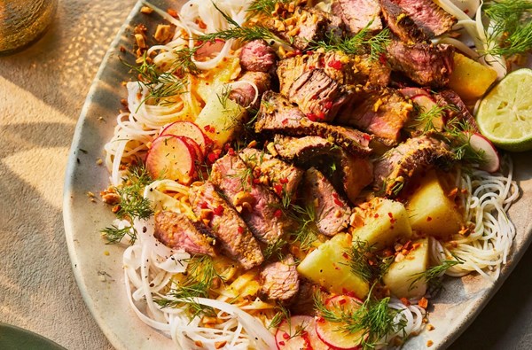 Pan-fried rump steak with Thai-inspired noodle salad