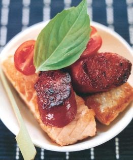 Pan-fried salmon and chorizo with tomato and basil