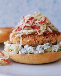 Pan-fried salmon burgers with cabbage slaw and avocado aioli