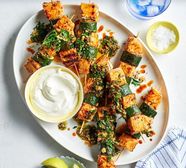 Pan-fried salmon skewers with za'atar and walnut salsa