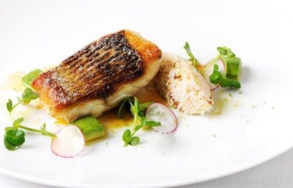 Pan-fried sea bass fillet with white crab salad and brown crab mayonnaise