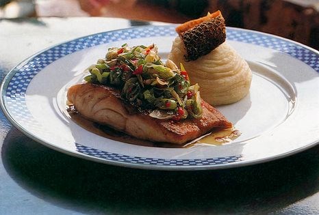 Pan-fried sea bass with spring onions and creamy potatoes