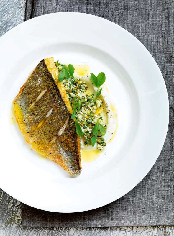 Pan-fried sea bream with cauliflower, pistachio and mint couscous and ...