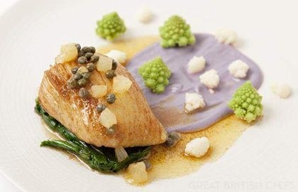 Pan-fried skate wing, purple cauliflower purée, pickled cauliflower and Romanesco, caper and citrus butter sauce