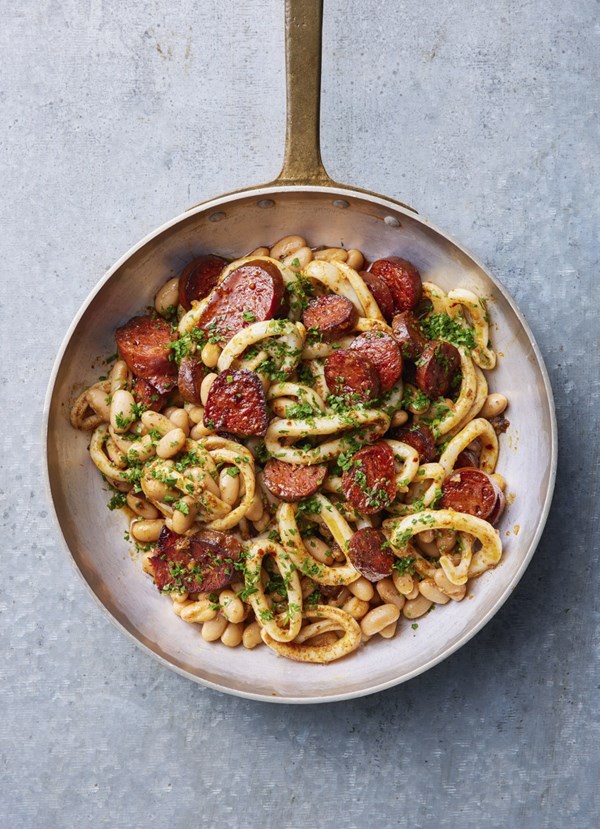 Pan-fried smoky chorizo, squid and white beans