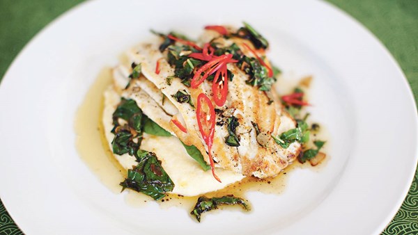 Pan-fried sole with wet polenta, garlic, chilli and basil