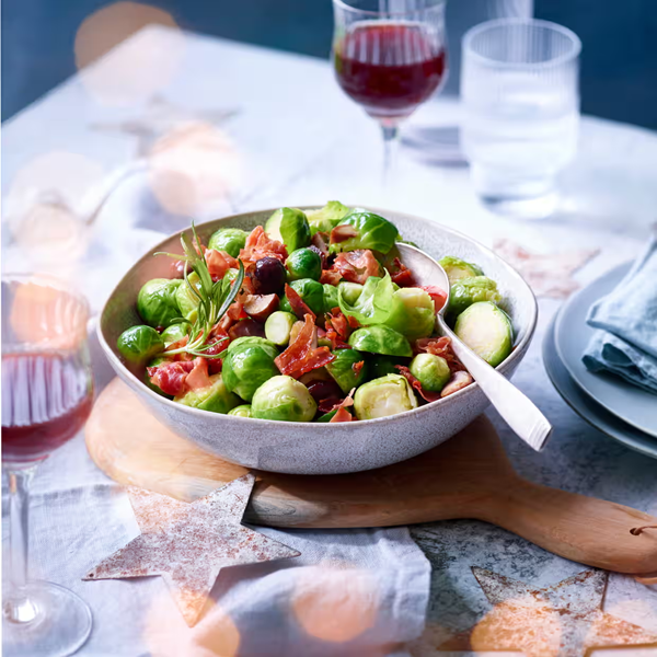 Pan-fried sprouts with crisp Ibérico ham and a sweet sherry vinegar dressing