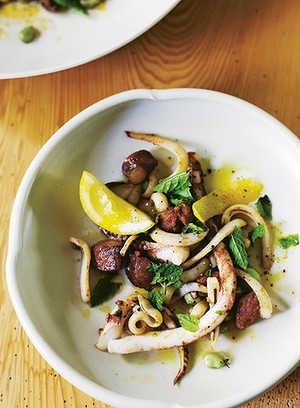 Pan-fried squid with broad beans and chorizo