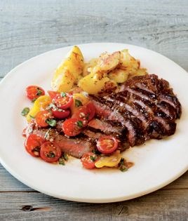 Pan-fried steak, rosemary potatoes, and tomato relish